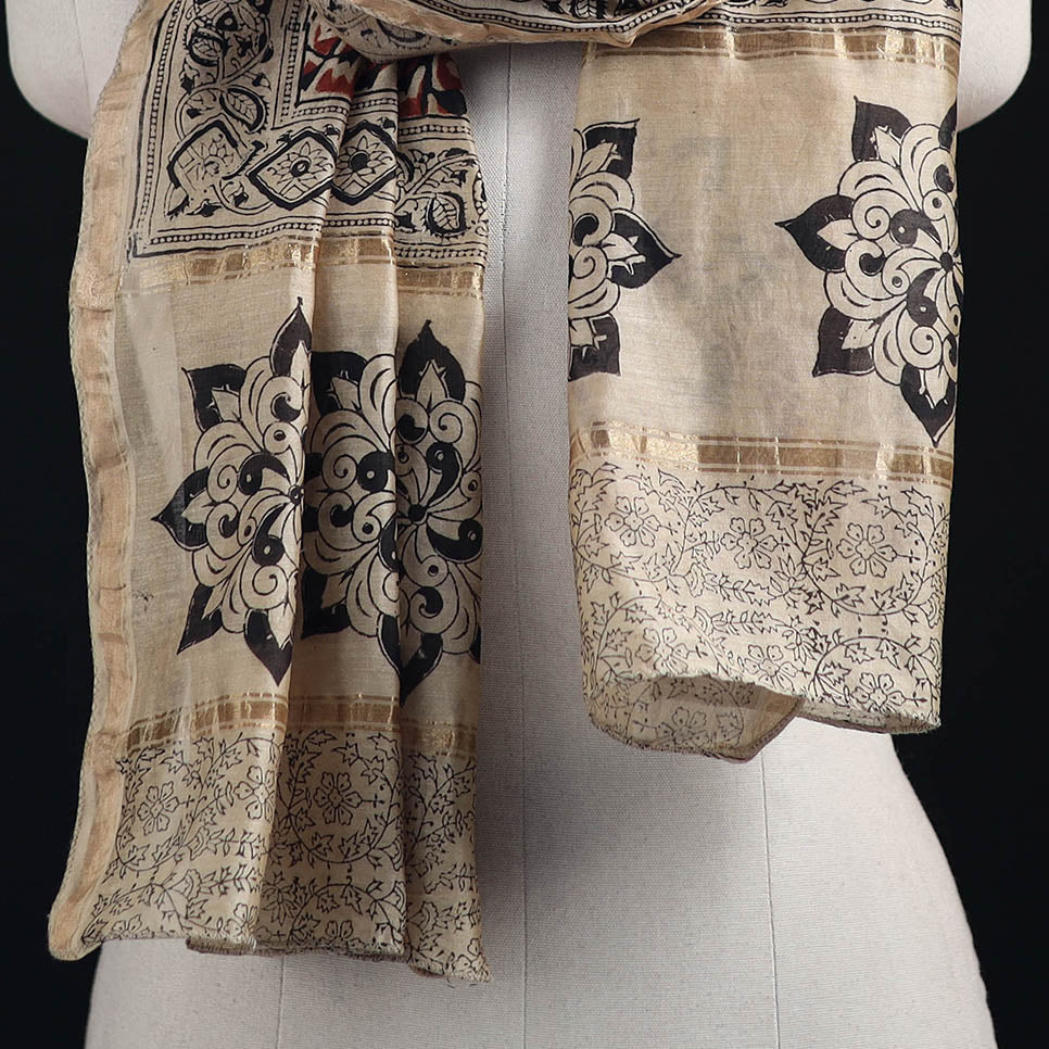 Pedana Kalamkari Hand Bock Print Natural Dyed Handloom Chanderi Silk Stole 14
