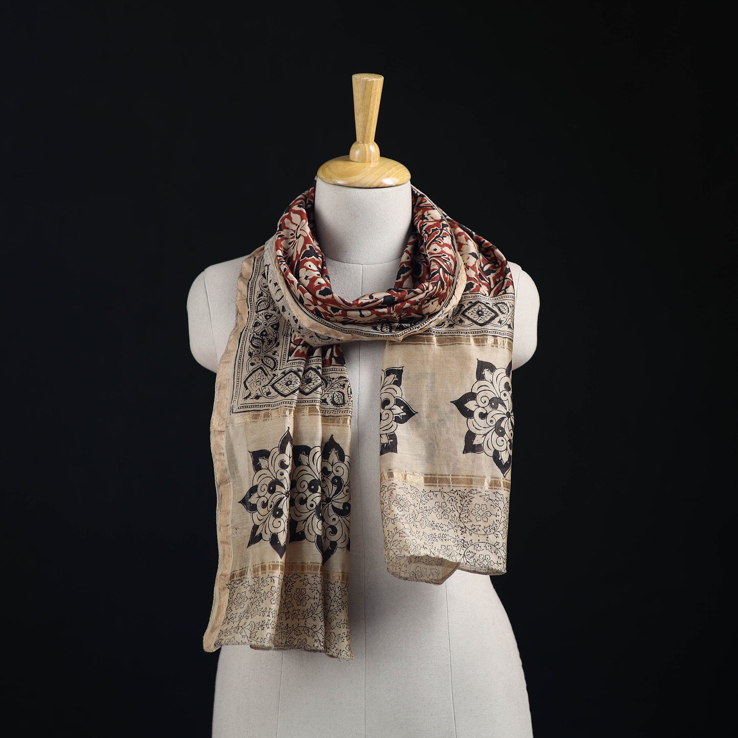 Pedana Kalamkari Hand Bock Print Natural Dyed Handloom Chanderi Silk Stole 14