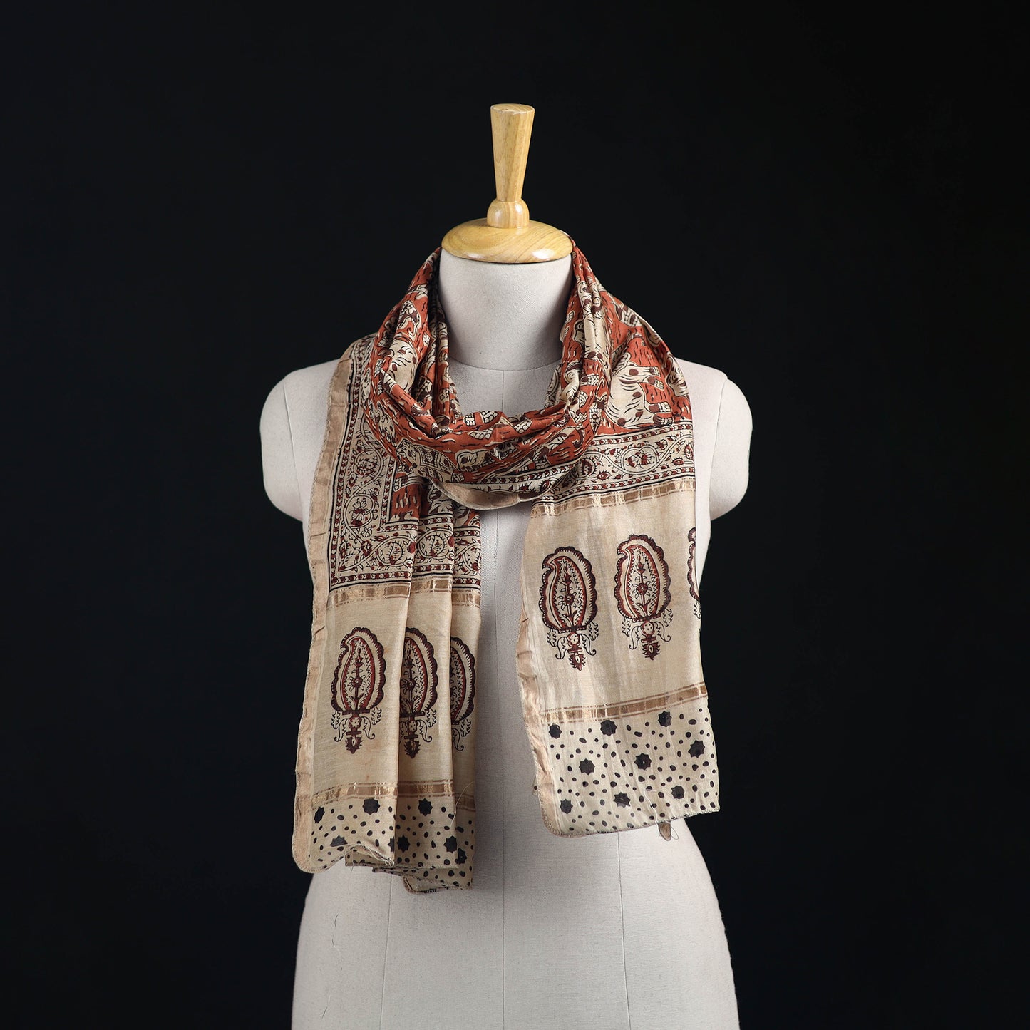 Pedana Kalamkari Hand Bock Print Natural Dyed Handloom Chanderi Silk Stole 17