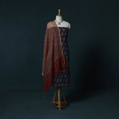 Ajrakh Hand Block Print Natural Dyed Cotton 2pc Unstitched Dress Material Kurta Set with Jewellery Set 22