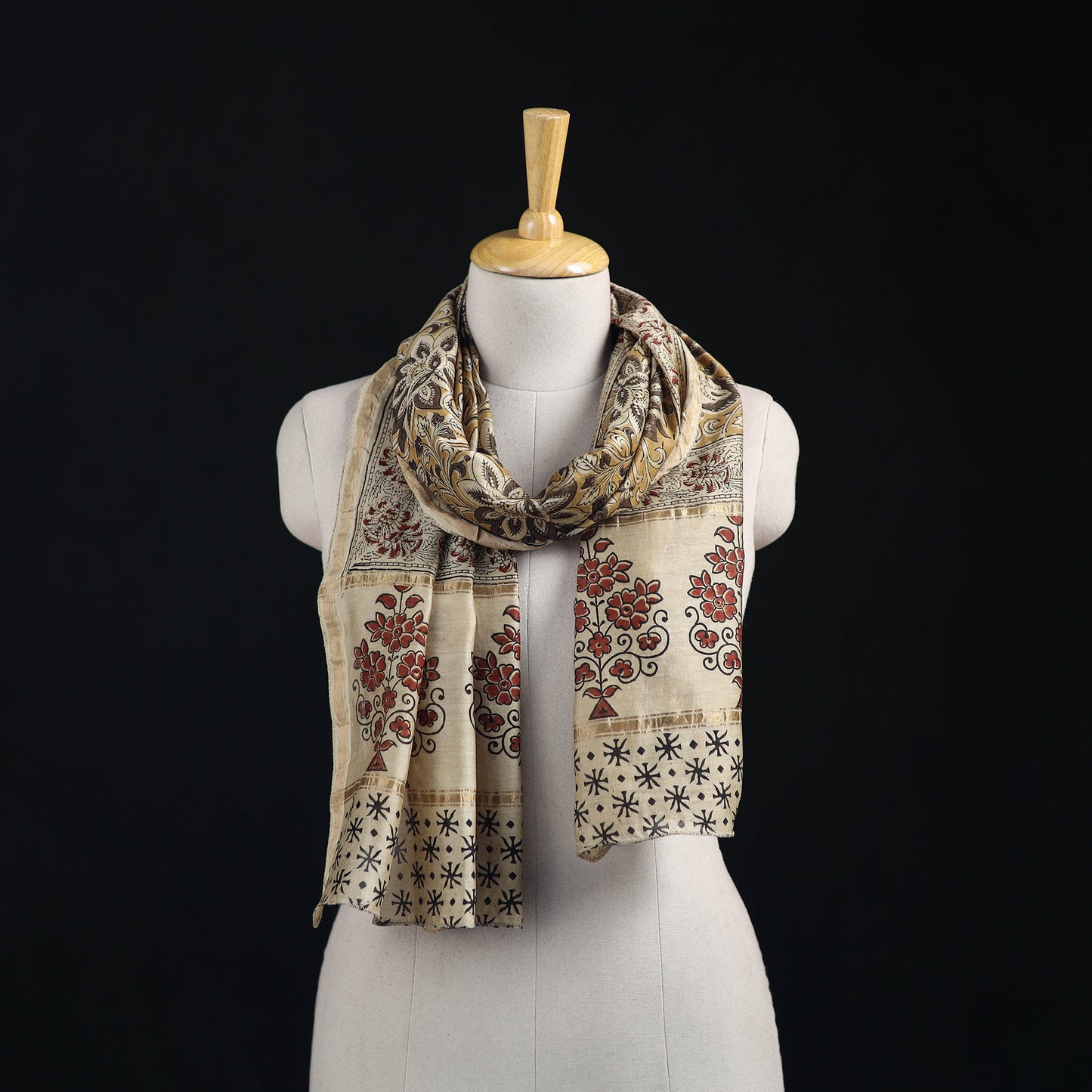 Pedana Kalamkari Hand Bock Print Natural Dyed Handloom Chanderi Silk Stole 18