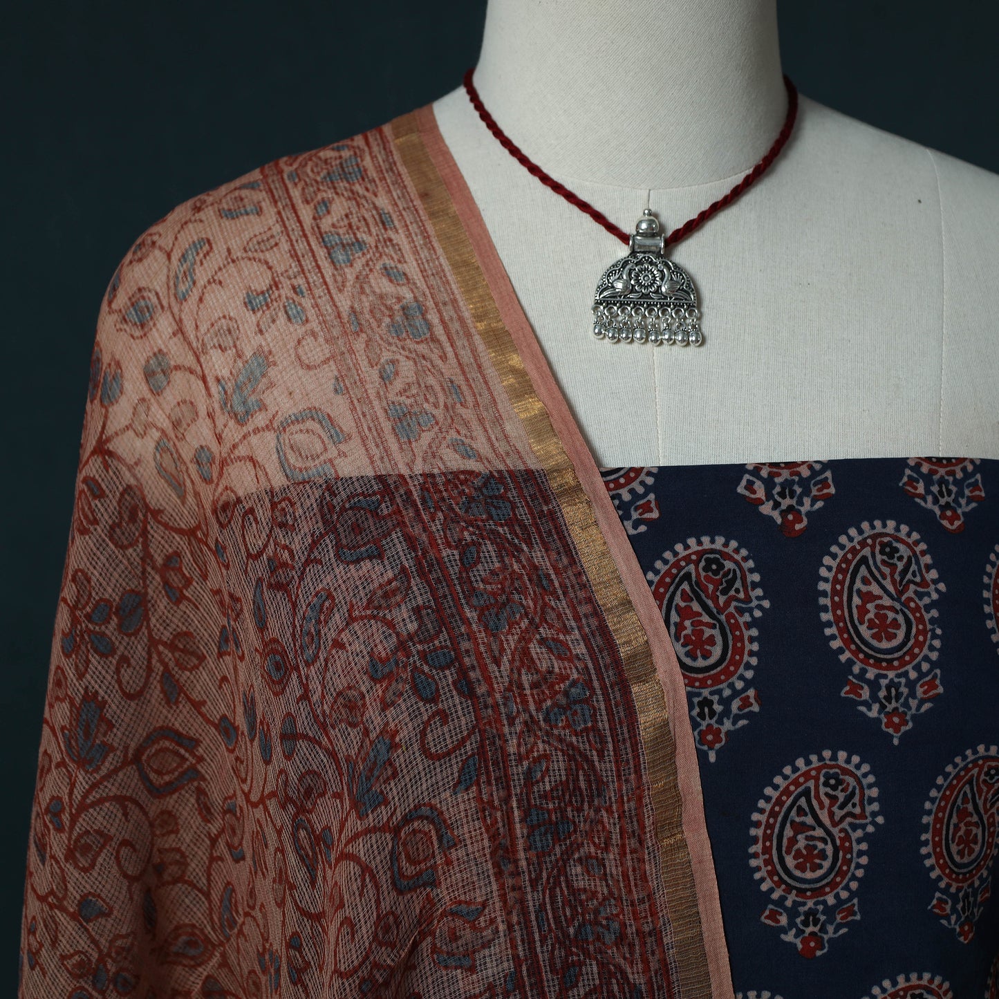 Ajrakh Hand Block Print Natural Dyed Cotton 2pc Unstitched Dress Material Kurta Set with Jewellery Set 22