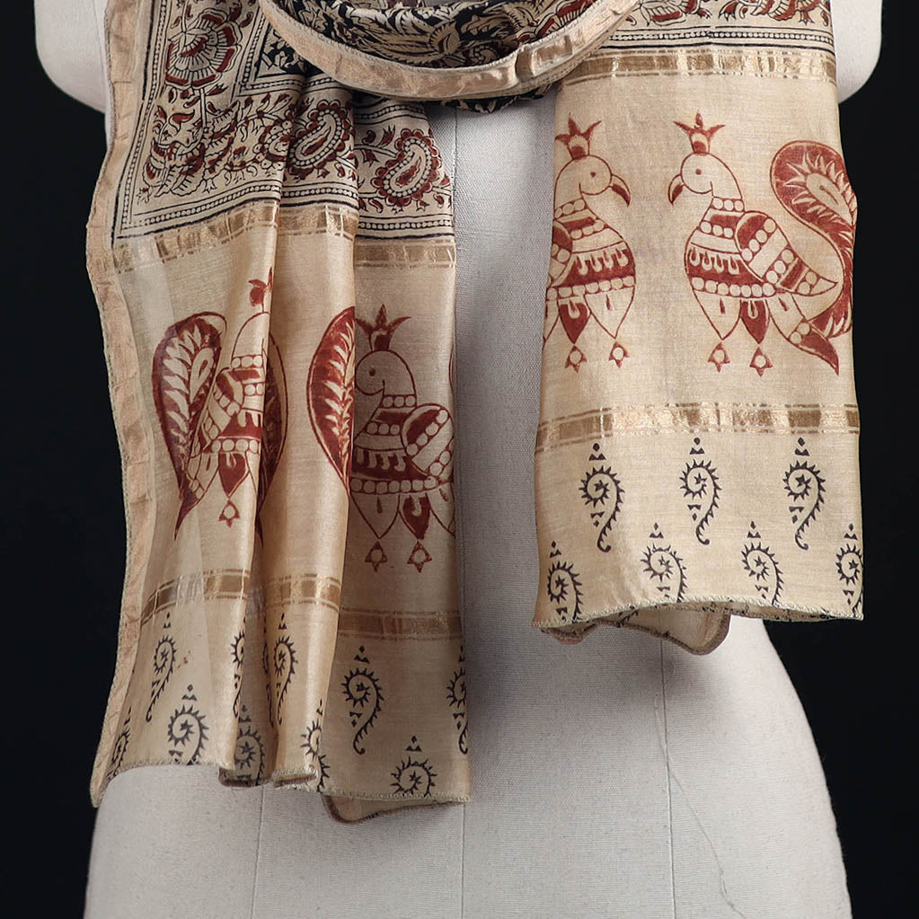 Pedana Kalamkari Hand Bock Print Natural Dyed Handloom Chanderi Silk Stole 19