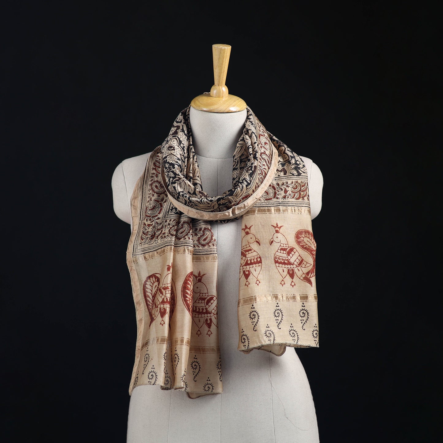 Pedana Kalamkari Hand Bock Print Natural Dyed Handloom Chanderi Silk Stole 19