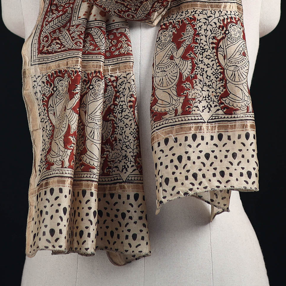 Pedana Kalamkari Hand Bock Print Natural Dyed Handloom Chanderi Silk Stole 21