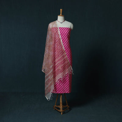 Pink - Leheriya Tie-Dye Cotton 2pc Unstitched Dress Material Kurta Set with Jewellery Set 23