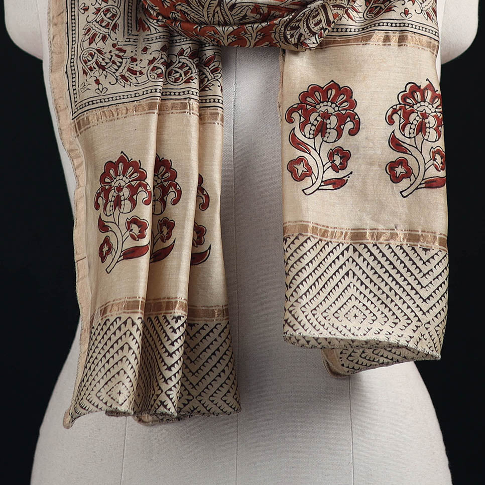 Pedana Kalamkari Hand Bock Print Natural Dyed Handloom Chanderi Silk Stole 24