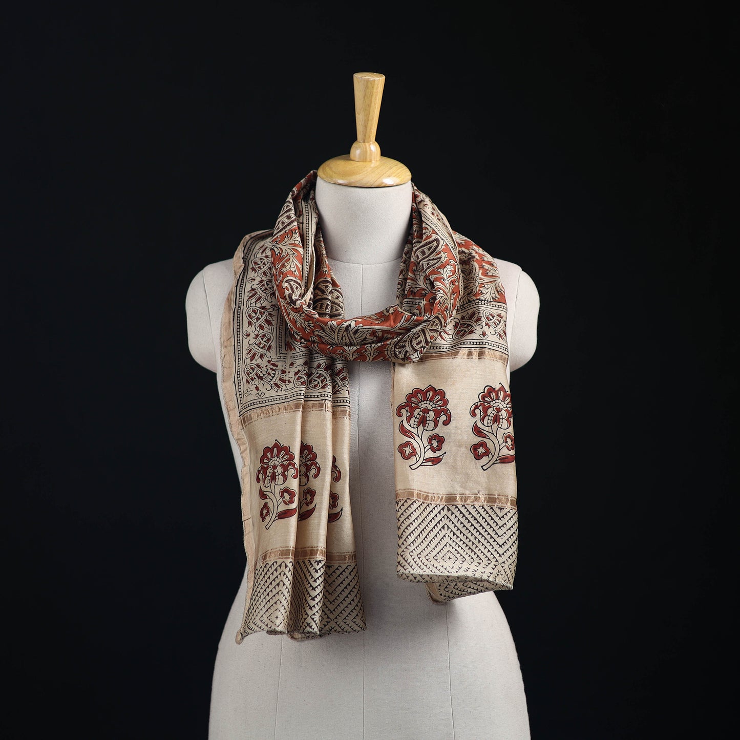 Pedana Kalamkari Hand Bock Print Natural Dyed Handloom Chanderi Silk Stole 24