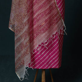 Pink - Leheriya Tie-Dye Cotton 2pc Unstitched Dress Material Kurta Set with Jewellery Set 23