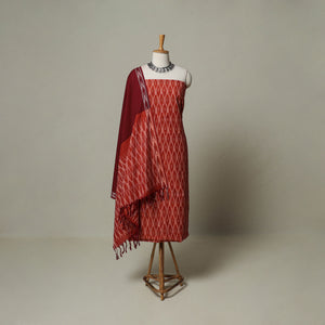 Red - Pochampally Ikat Weave 3pc Cotton Unstitched Dress Material Suit Set 03