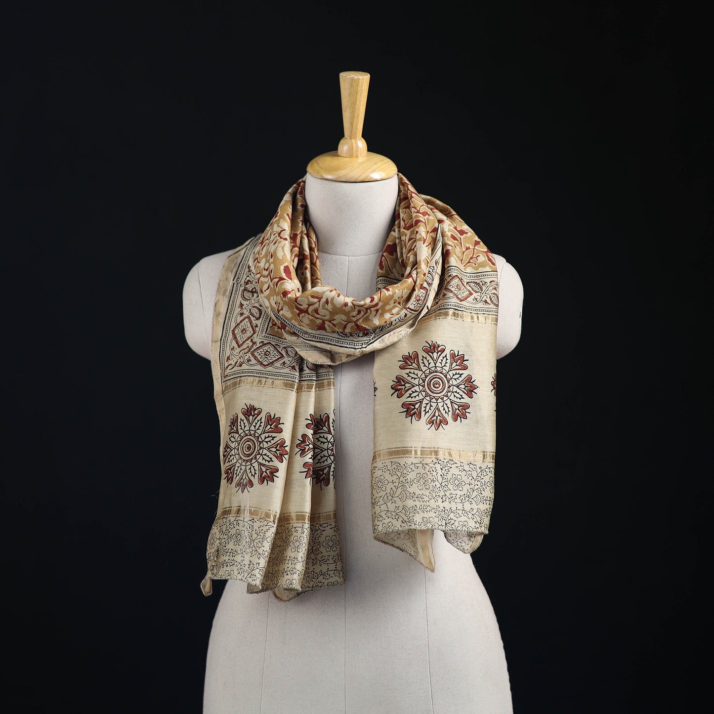 Pedana Kalamkari Hand Bock Print Natural Dyed Handloom Chanderi Silk Stole 27