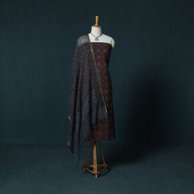 Ajrakh Hand Block Print Natural Dyed Cotton 2pc Unstitched Dress Material Kurta Set with Jewellery Set 24