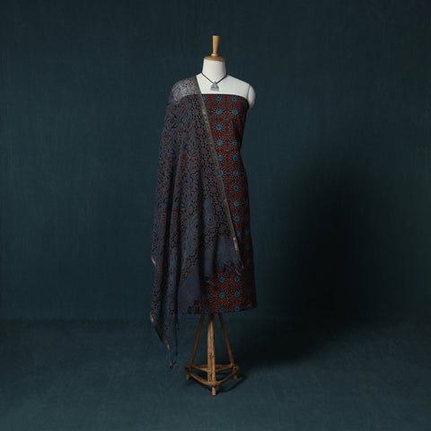 Ajrakh Hand Block Print Natural Dyed Cotton 2pc Unstitched Dress Material Kurta Set with Jewellery Set 24