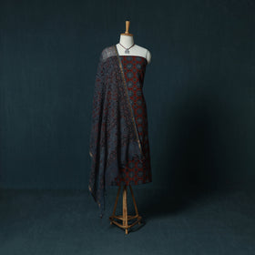 Ajrakh Hand Block Print Natural Dyed Cotton 2pc Unstitched Dress Material Kurta Set with Jewellery Set 24