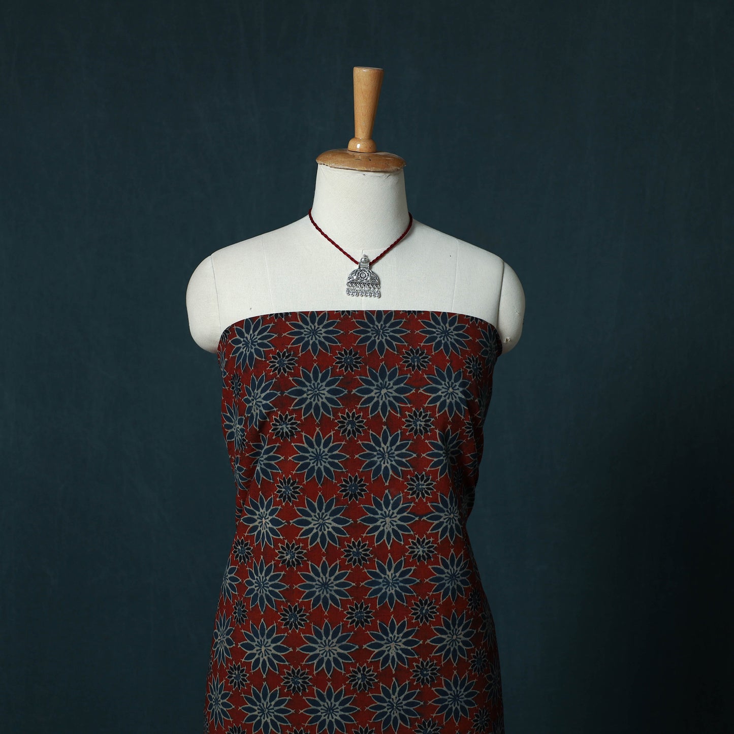 Ajrakh Hand Block Print Natural Dyed Cotton 2pc Unstitched Dress Material Kurta Set with Jewellery Set 24