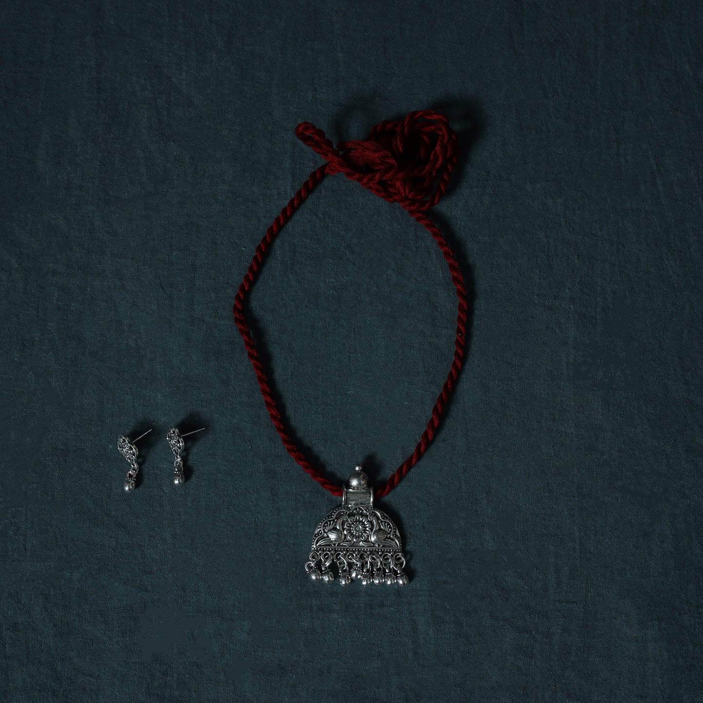 Ajrakh Hand Block Print Natural Dyed Cotton 2pc Unstitched Dress Material Kurta Set with Jewellery Set 24