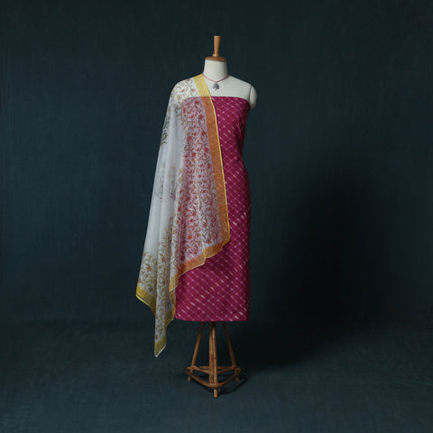 Leheriya Tie-Dye Cotton 2pc Unstitched Dress Material Kurta Set with Jewellery Set 25