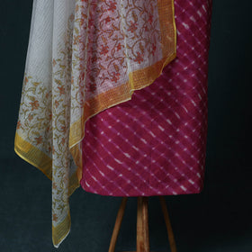 Leheriya Tie-Dye Cotton 2pc Unstitched Dress Material Kurta Set with Jewellery Set 25