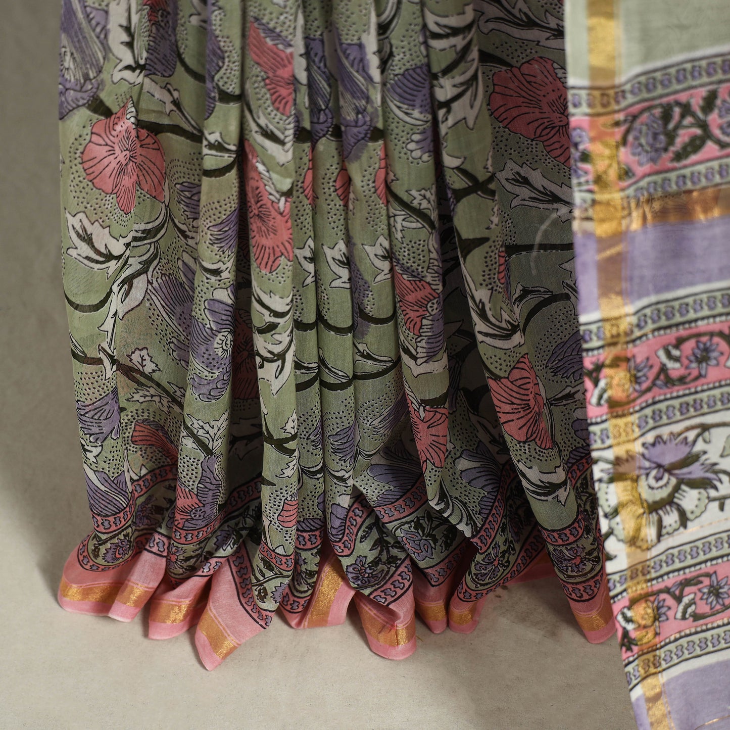 Block Print Chanderi Silk Sanganeri Saree with Zari Border