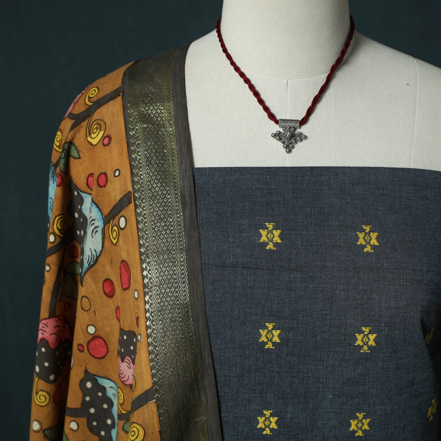 Jacquard Woven 2pc Cotton Unstitched Dress Material Kurta Set with Jewellery 13