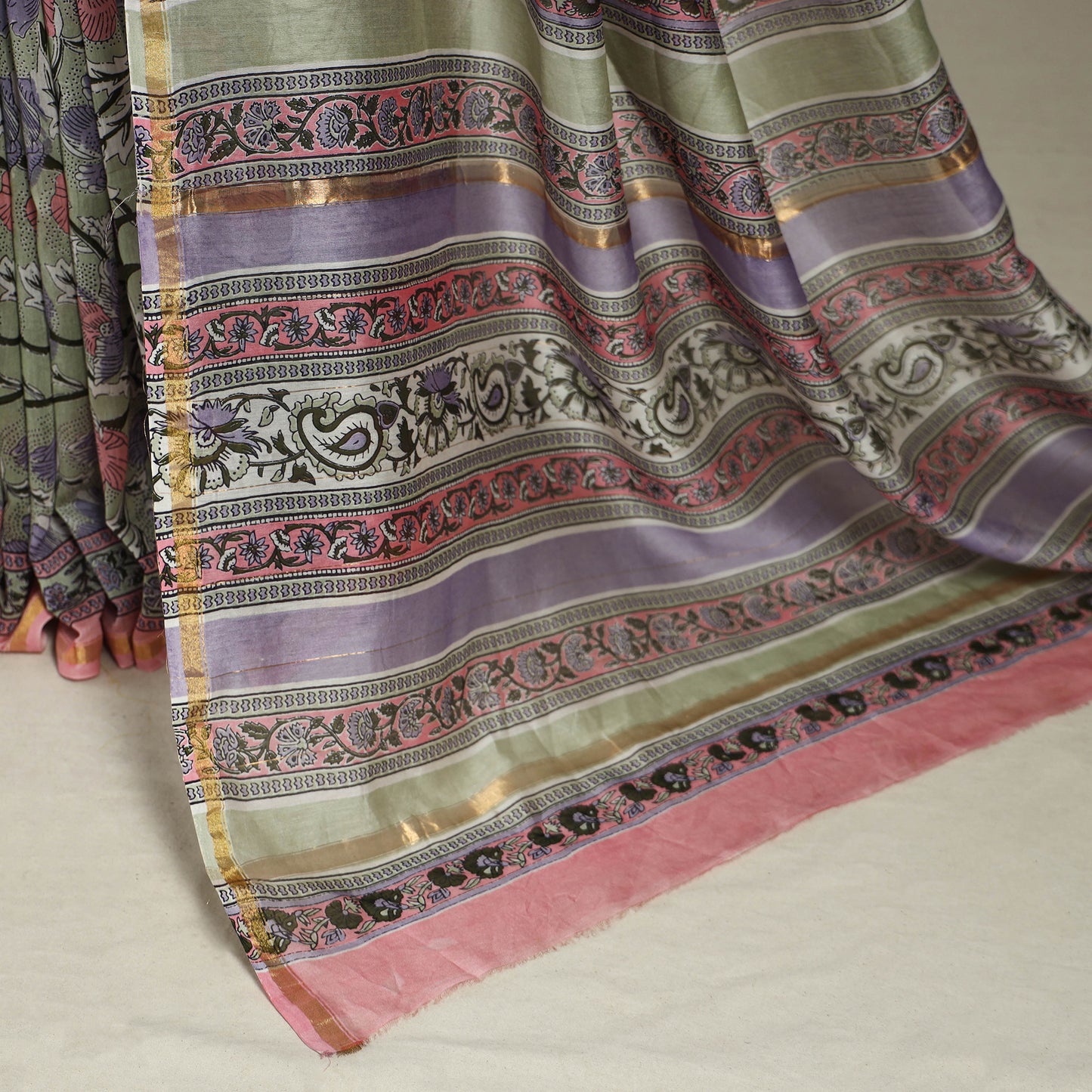 Block Print Chanderi Silk Sanganeri Saree with Zari Border