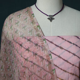 Leheriya Tie-Dye Cotton 2pc Unstitched Dress Material Kurta Set with Jewellery Set 26