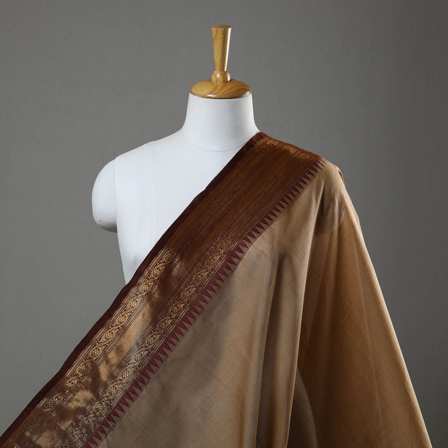 Brown - Cotton Kanchipuram Fabric with Thread Border 15