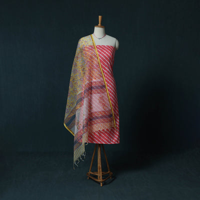 Leheriya Tie-Dye Cotton 2pc Unstitched Dress Material Kurta Set with Jewellery Set 27