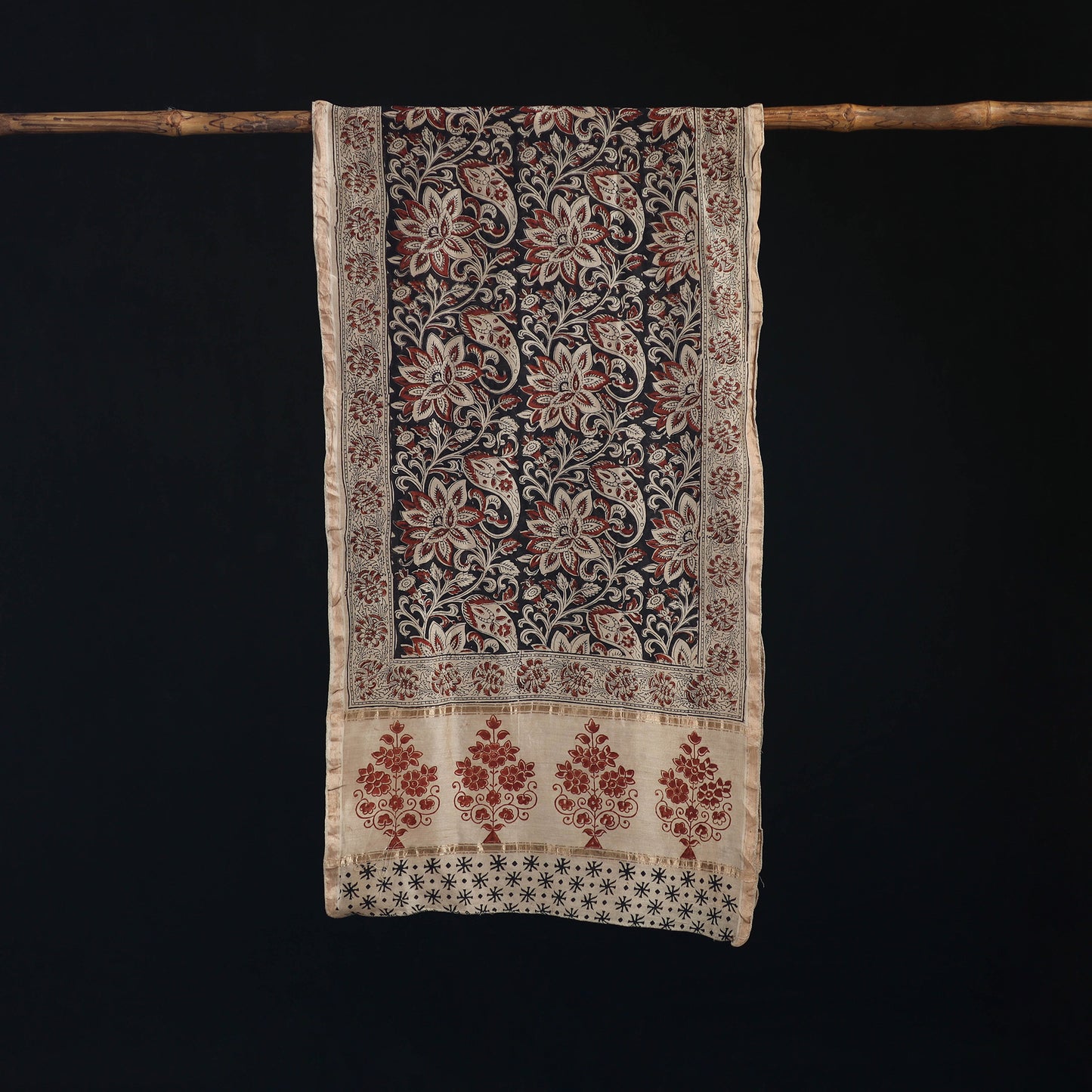 Pedana Kalamkari Hand Bock Print Natural Dyed Handloom Chanderi Silk Stole 03