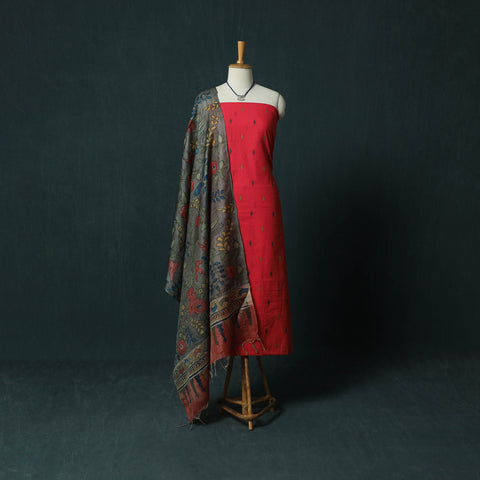 Jacquard Woven 2pc Cotton Unstitched Dress Material Kurta Set with Jewellery 17