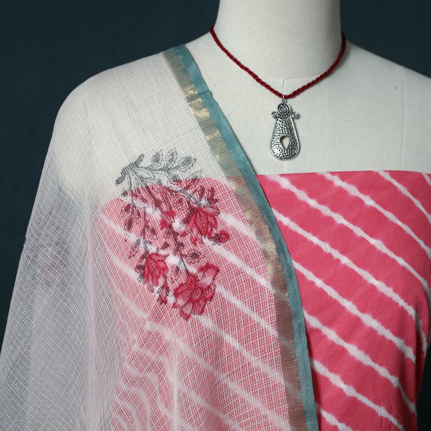 Leheriya Tie-Dye Cotton 2pc Unstitched Dress Material Kurta Set with Jewellery Set 29