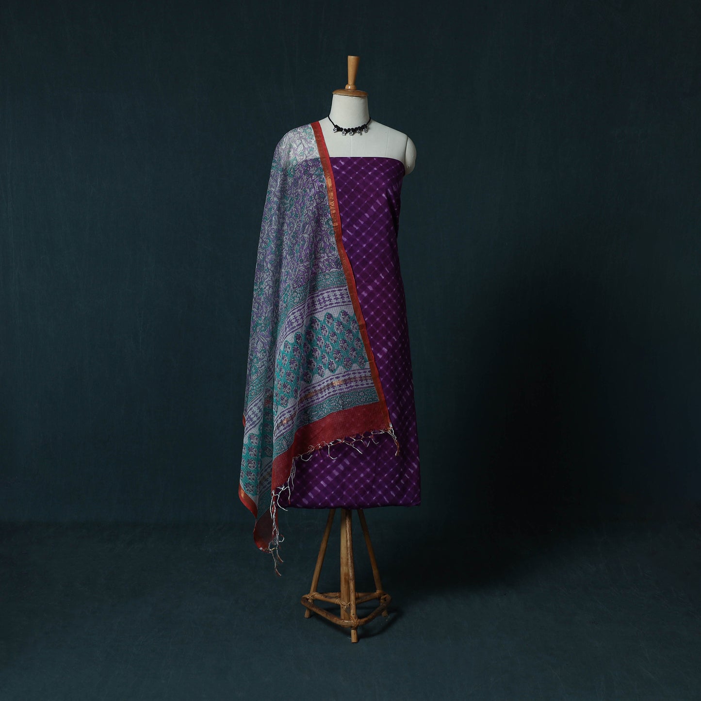 Leheriya Tie-Dye Cotton 2pc Unstitched Dress Material Kurta Set with Jewellery Set 30