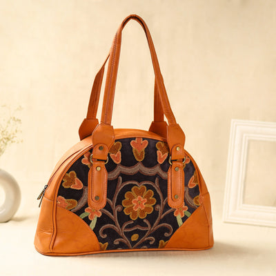 Orange Kashmiri Crewel Hand Embroidered Leather Handbag