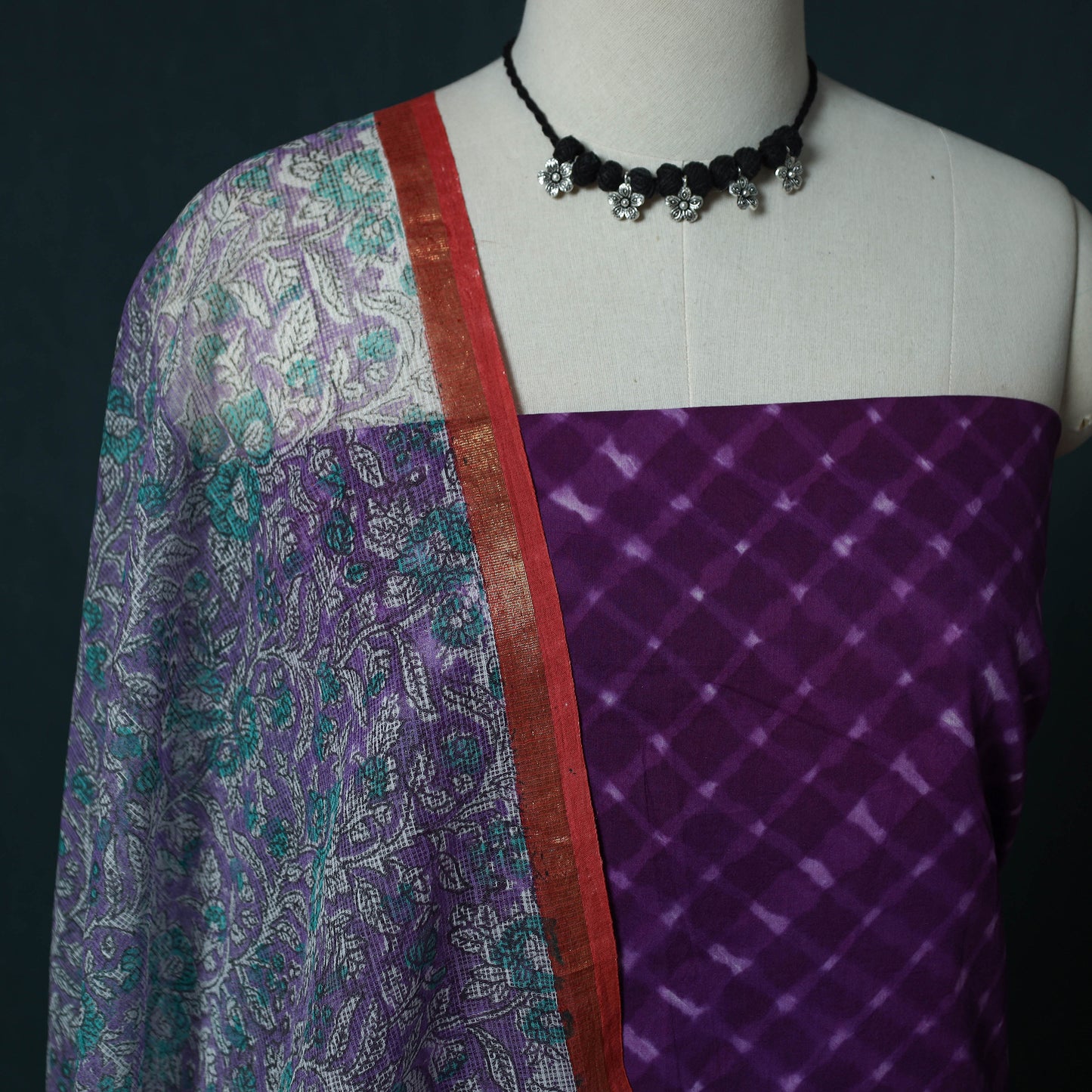 Leheriya Tie-Dye Cotton 2pc Unstitched Dress Material Kurta Set with Jewellery Set 30