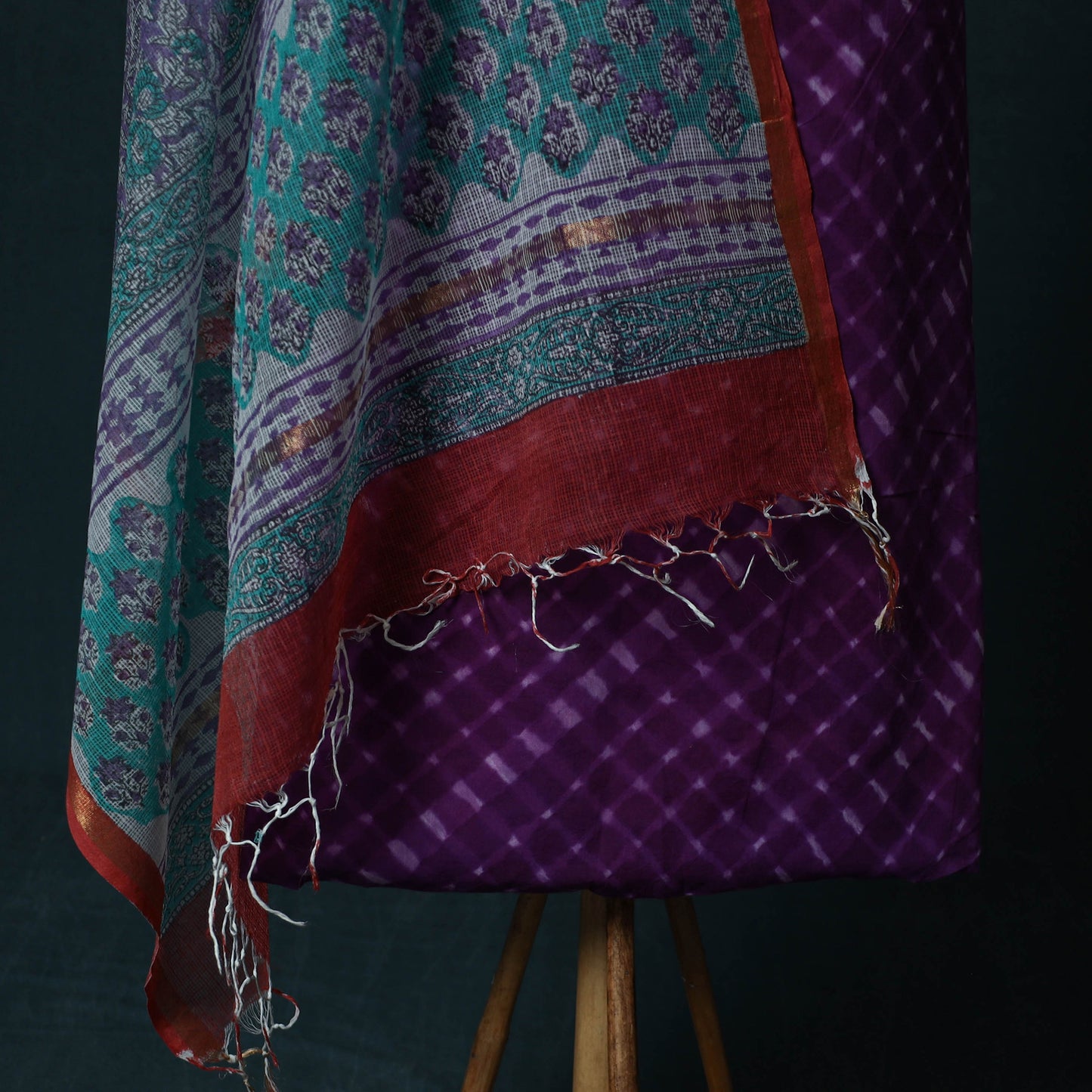 Leheriya Tie-Dye Cotton 2pc Unstitched Dress Material Kurta Set with Jewellery Set 30