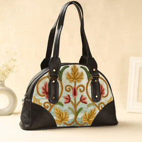 Black Kashmiri Crewel Hand Embroidered Leather Handbag