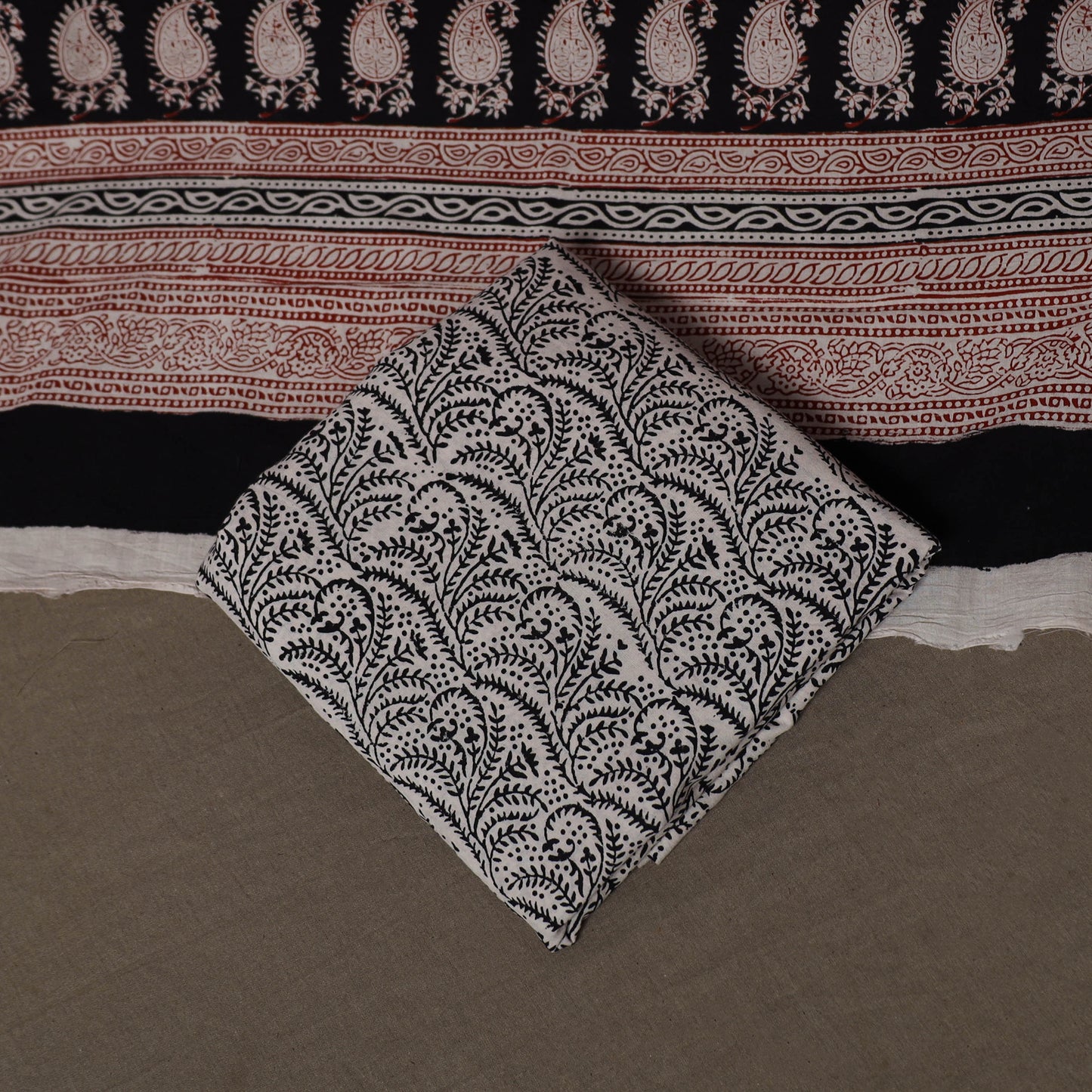 Black - Natural Dyed Cotton 3pc Unstitched Hand Block Bagh Print Dress Material Suit Set 02