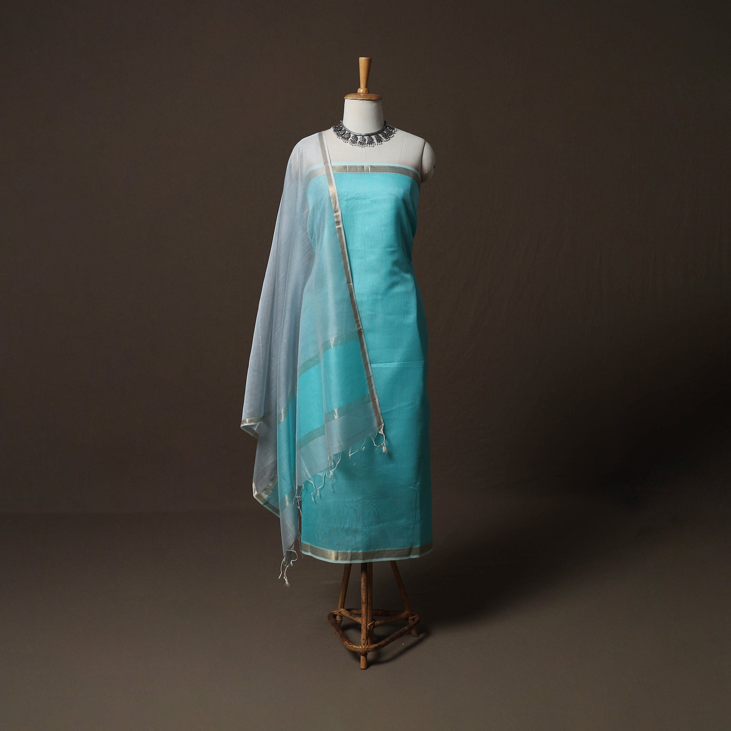 Blue - 2pc Handloom Silk Cotton Unstitched Plain Dress Material Kurta Set with Zari Border 01