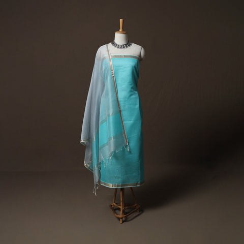 Blue - 2pc Handloom Silk Cotton Unstitched Plain Dress Material Kurta Set with Zari Border 01