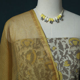 Brown - Bagru Hand Block Print Cotton 2pc Unstitched Dress Material Kurta Set with Jewellery Set 32