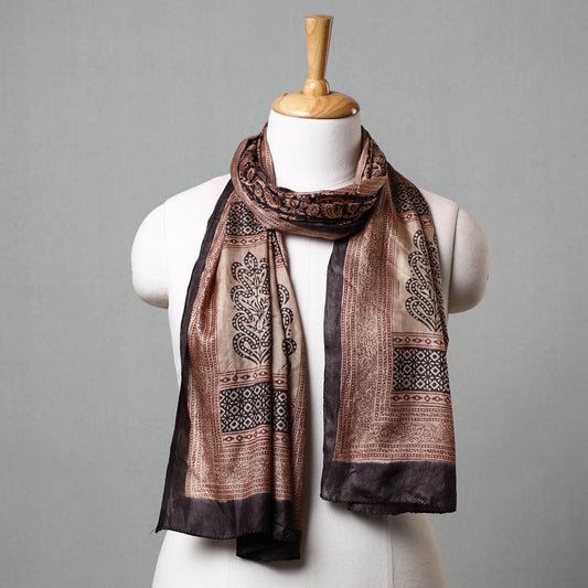 Brown - Bagh Hand Block Printed Tussar Silk Stole