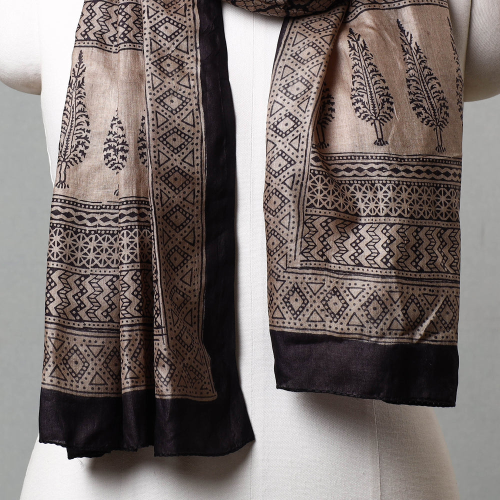 Black - Bagh Hand Block Printed Tussar Silk Stole