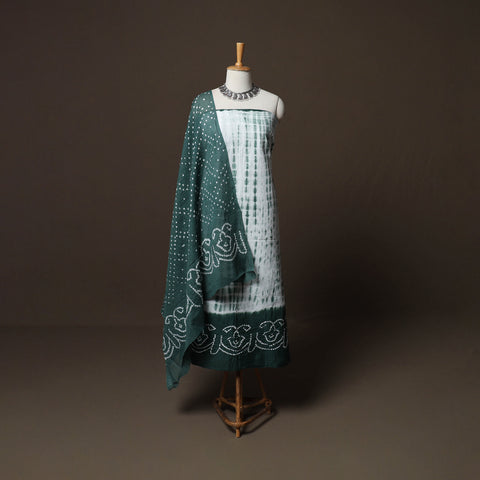 Green - Kutch Tie-Dye Cotton 3pc Unstitched Shibori Bandhani Dress Material Suit Set 03