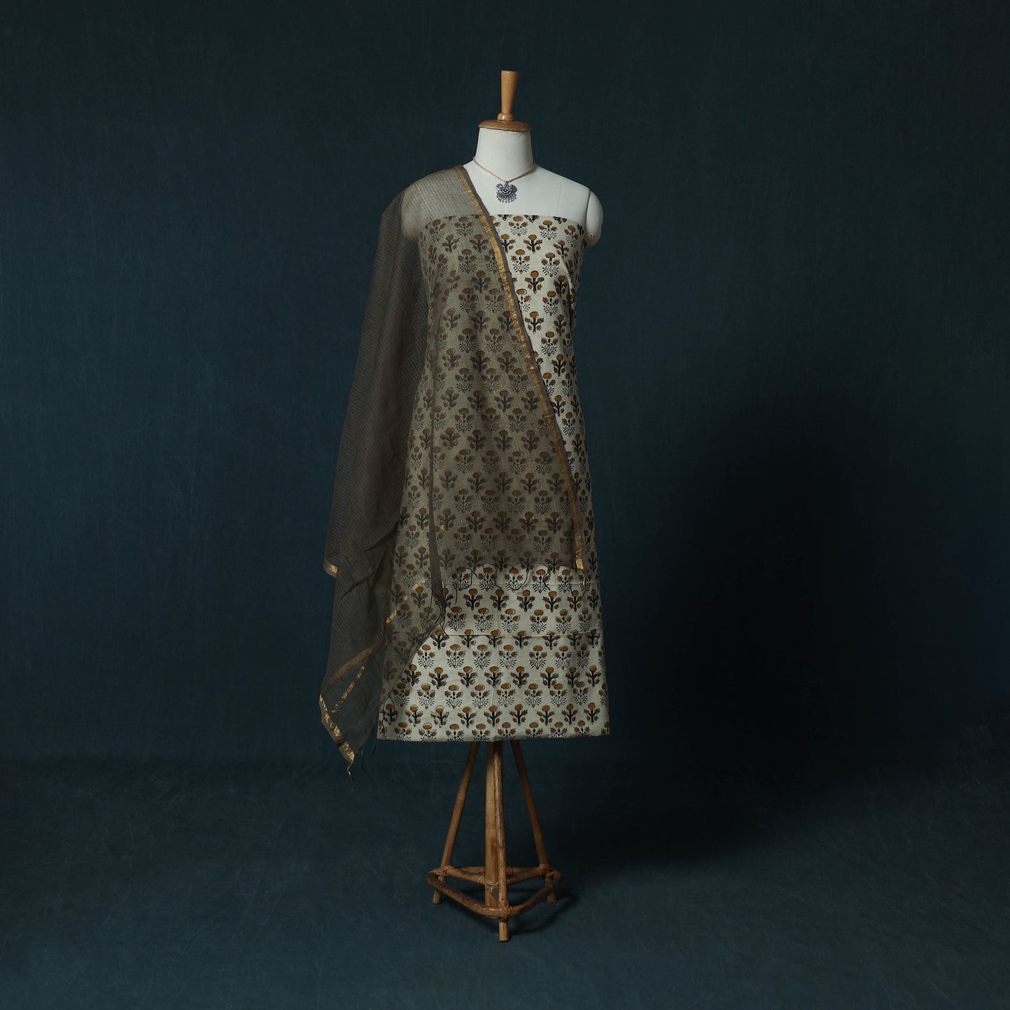 Bagru Hand Block Print Cotton 2pc Unstitched Dress Material Kurta Set with Jewellery Set 33