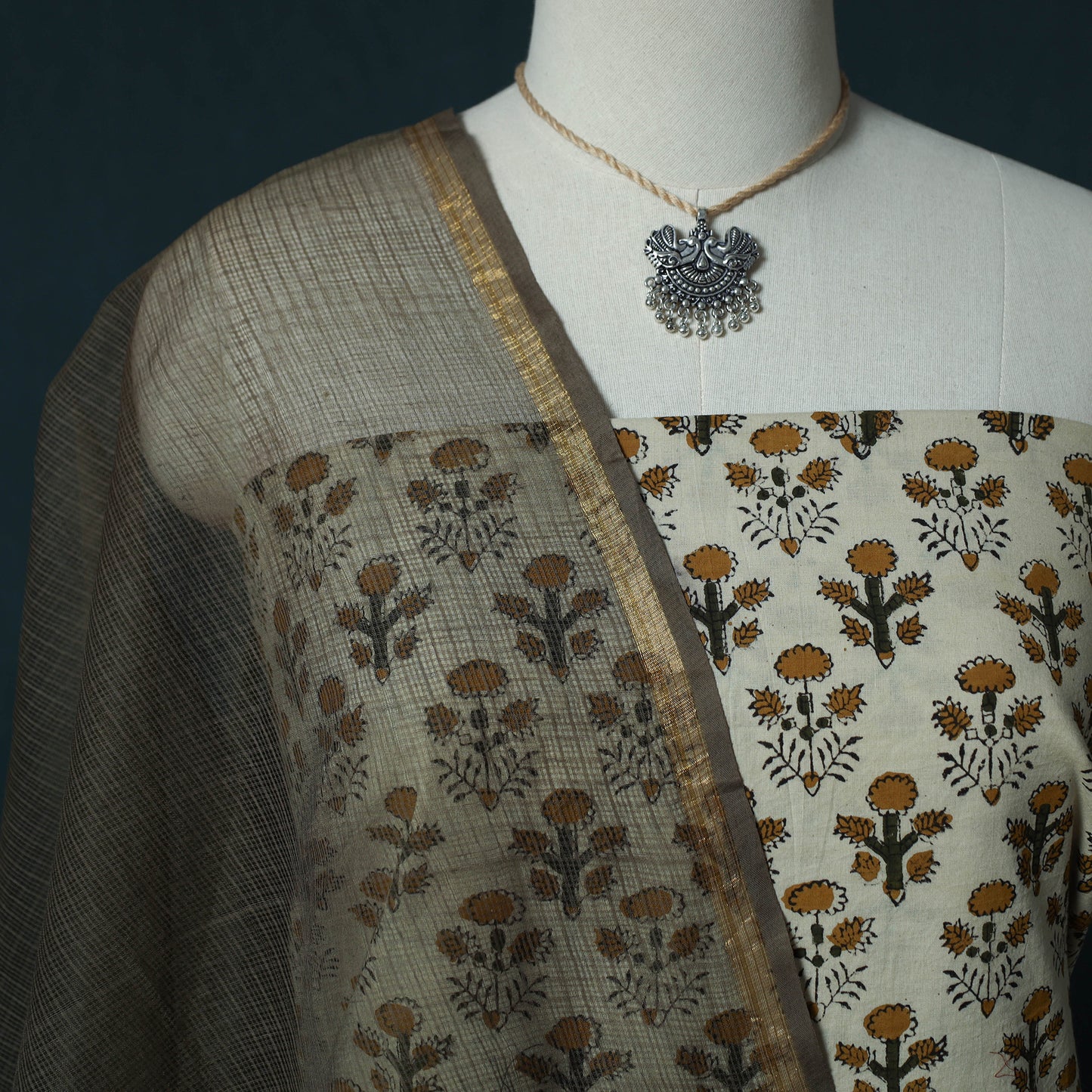 Bagru Hand Block Print Cotton 2pc Unstitched Dress Material Kurta Set with Jewellery Set 33