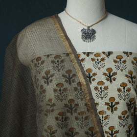 Bagru Hand Block Print Cotton 2pc Unstitched Dress Material Kurta Set with Jewellery Set 33