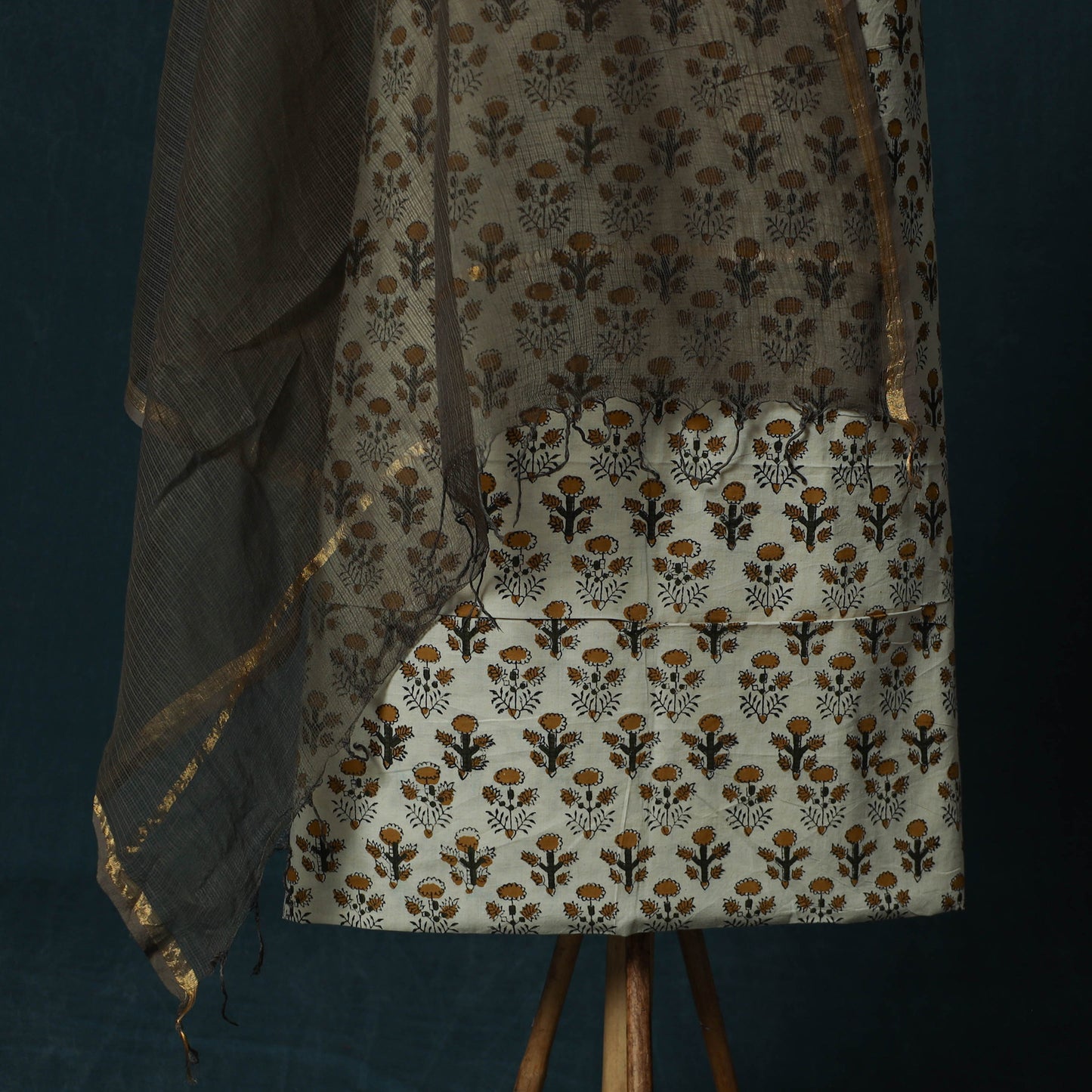 Bagru Hand Block Print Cotton 2pc Unstitched Dress Material Kurta Set with Jewellery Set 33