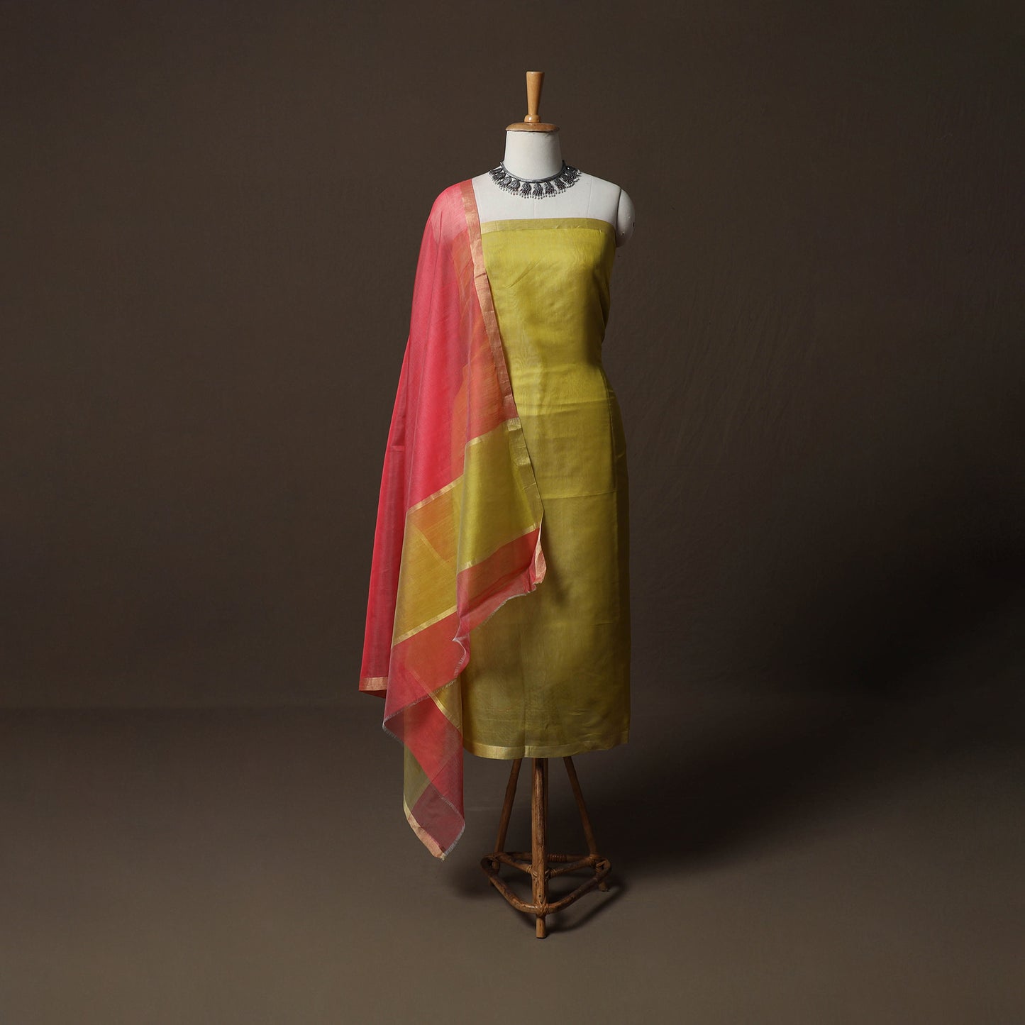 Yellow - 2pc Handloom Unstitched Chanderi Silk Dress Material Kurta Set with Zari Border 04