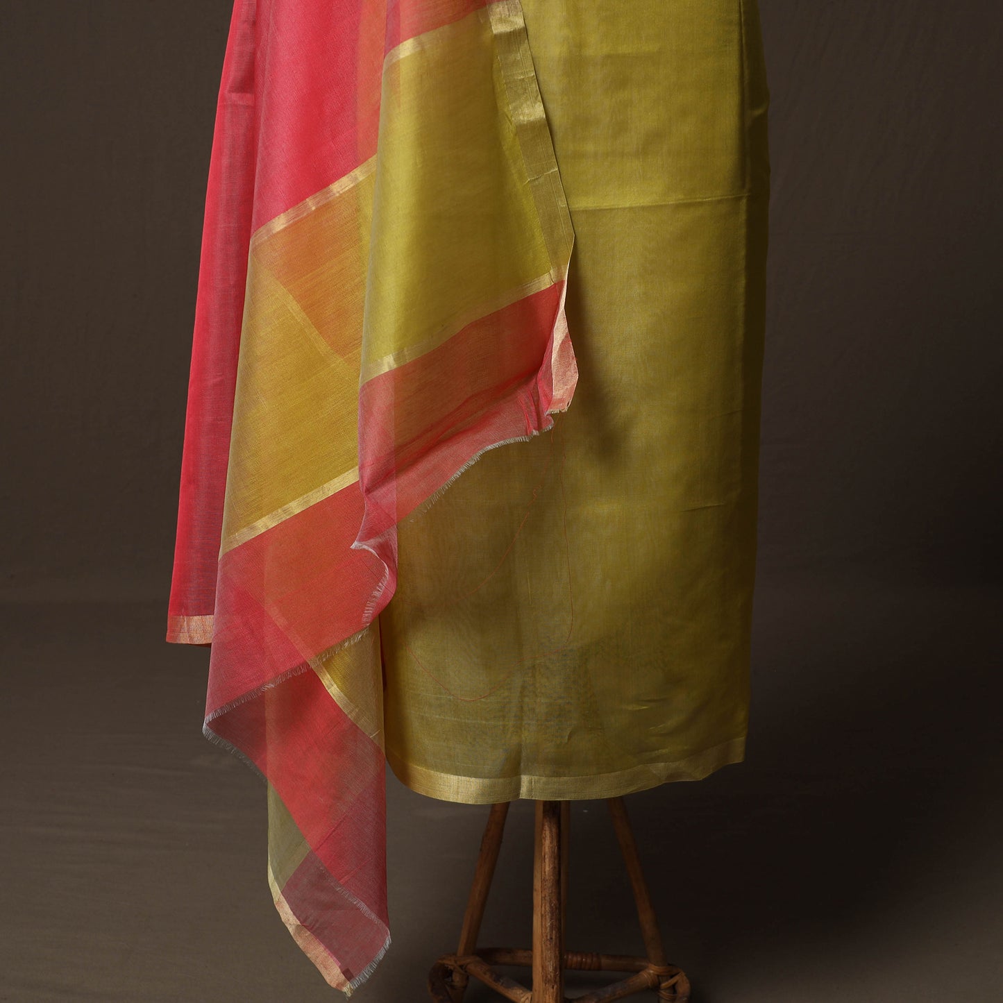 Yellow - 2pc Handloom Unstitched Chanderi Silk Dress Material Kurta Set with Zari Border 04