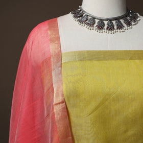 Yellow - 2pc Handloom Unstitched Chanderi Silk Dress Material Kurta Set with Zari Border 04
